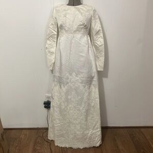 Vintage Handmade 1960s-70s Satin Long Sleeve Wedding Dress with Lace Appliqué
